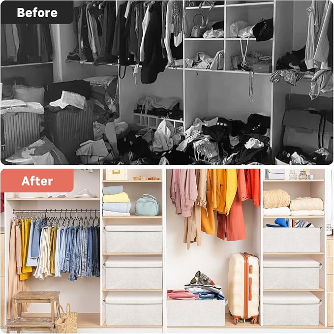 Large 17''x12'' Quart Collapsible Stackable Storage Bins with Lids, 2 Packs Off White Fabric Closet Boxes with Lids, Storage Cube Baskets Container Organizers for Bedroom Office(17''x12.2x''8'')