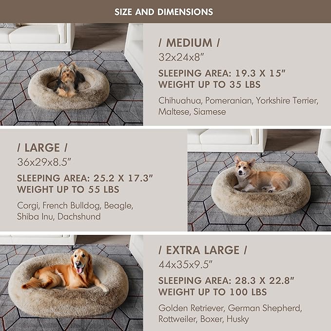 Medium Sized Orthopedic Dog Beds, Donut Calming Pet Beds with Comfort Foam Support, Fluffy Non-Slip Couch for Dog and Cat, with Washable and Indestructible Cover, 32 Inches, Beige