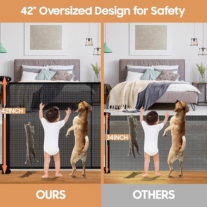 180" Extra Wide Retractable Baby Gates for Large Openings, 42" Extra Tall with Support Rods, Prevent Crawling, Mesh Dog/Pet Gate for Stairs/Doorways, Indoor/Outdoor Use