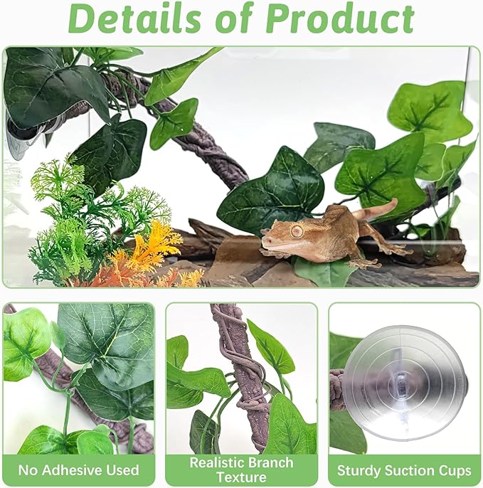 VCEPJH Reptile Climbing Branch Decor 2 Pcs Bendable Jungle Vine with Suction Cup Terrarium Plant Decoration for Gecko Bearded Dragons, Snake,Frogs, Chameleons Cage Accessories (W)