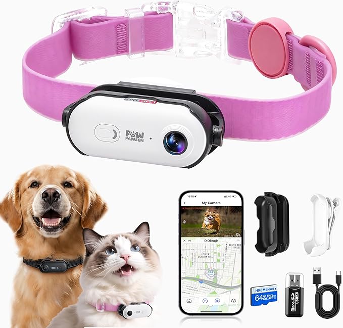 4K UHD Dog& Cat Pet Camera Collar, Video Recorder with Phone App View, Outdoor & Indoor POV Action Cam for Small and Medium-Size Dogs(White - Pink Waterproof Collar - M, 64g)