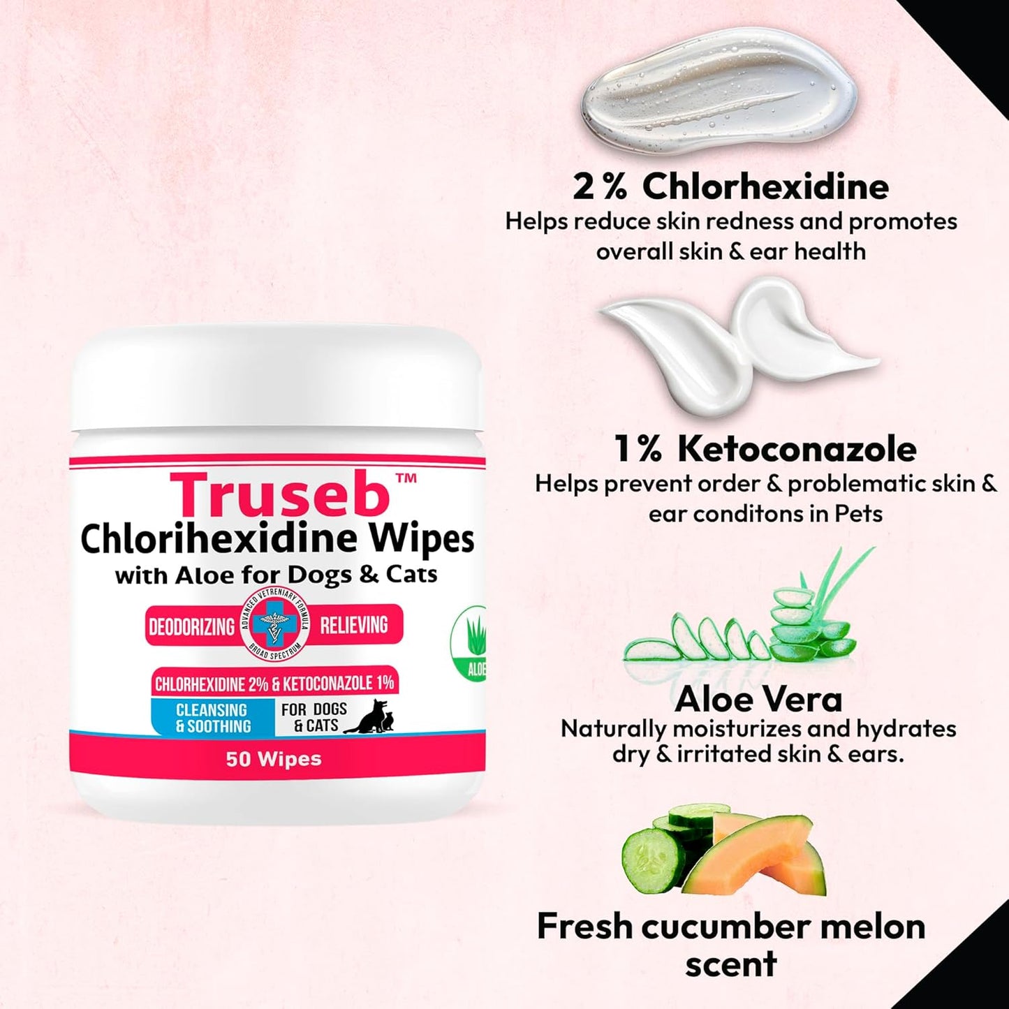 Truseb Topical Ketoconazole and Chlorhexidine Wipes for Dogs, Cats and Horses - with Aloe for Cleansing - 50 Count (Ketoconazole & Chlorhexidine Wipes, 50 Count)