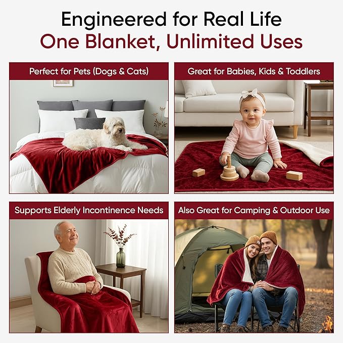Waterproof Pet Blanket, Liquid Pee Proof, Sherpa Fleece Protector – Pet Hair Resistant Water Proof Bed Cover for Dogs Couch Sofa Car Bedding Comforter (Red, 40"x60")