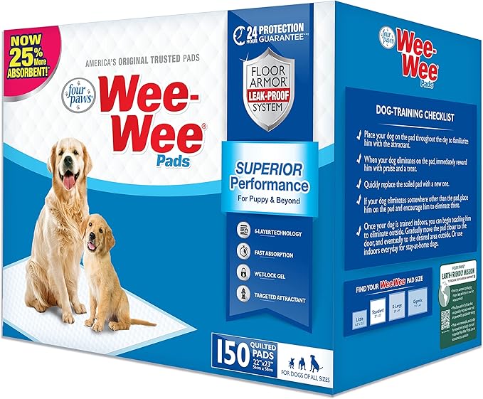 Four Paws Wee-Wee Superior Performance Unscented Pee Pads for Dogs & Puppies, Quilted Leak-Proof Dog Housebreaking Potty Training Floor Protection, 22" x 23", 7 Count