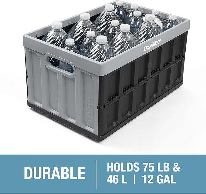 CleverMade Collapsible Storage Bins with Lids - Stone 3 Pack 46L - Plastic Containers Stackable Organization Crates Home Closet Space-Saving Durable