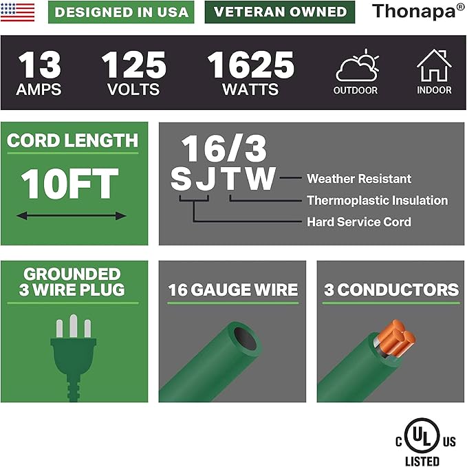 13 Amp Outdoor Extension Cord 10 ft, 16/3 SJTW 10ft Green Extension Cord 3 Prong, Weatherproof for Outdoor Lights, Landscaping & Lawn - US Veteran Owned