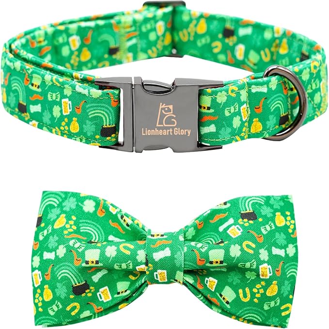 Lionheart glory Dog Bow Collar St. Patrick's Day Dog Collar for Small Dogs, Adjustable Green Collars Lucky Clover Shamrock Dog Collar with Bowtie Pet Collar Bows