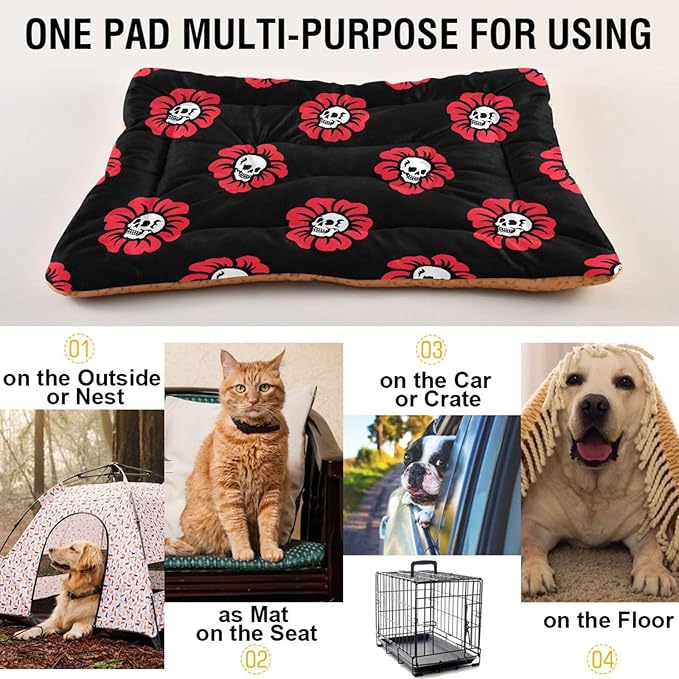 Gothic Skulls Flowers Pet Bed Cute Dog Bed Mat Absorbing Non Slip Pad Pet Sleeping Mat for Small, Medium, and Large Dogs Puppy Cat 24 in x 18 in