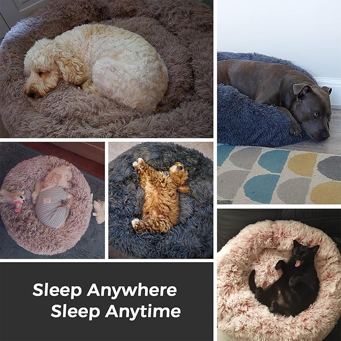 Calming Dog Bed & Cat Bed with Anti-Slip Bottom, Medium Size Washable Anti-Anxiety Donut Dog Beds for Small Dogs & Cats, Fluffy Plush Cozy Round Dogs Bed(24 Inch, Light Brown)