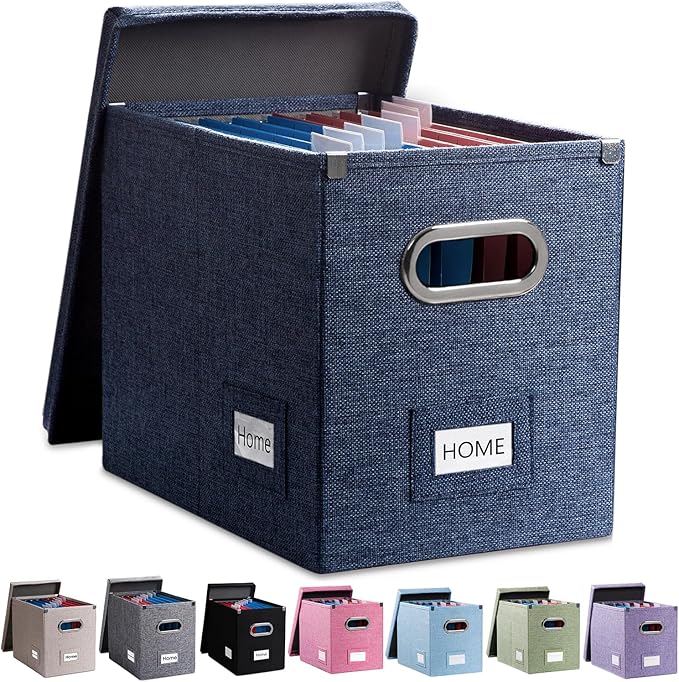 PRANDOM File Organizer Box - Set of 1 Collapsible Decorative Linen Filing Storage Hanging File Folders with Lids Office Cabinet Letter Size Navy Blue (14x9.3x10.8 inch)