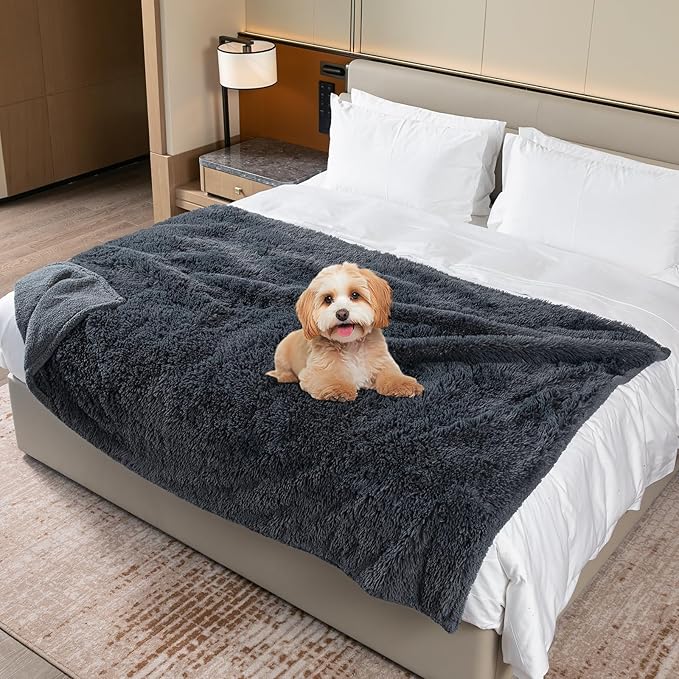 Waterproof Dog Calming Blanket 40x28in Gray Pet Throw Blankets for Dogs Cats Fluffy Long Faux Fur Puppy Couch Cover Reversible Love Bed Mat Washable(Gray,S)