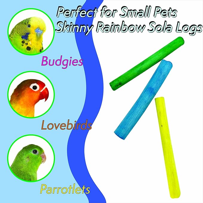 5516 Skinny Rainbow Sola Logs Pk8 - Handcut Natural Sola Bird Foot Toys, Bright Assorted Colors, Pet Safe, Lightweight, Easy for Birds to Hold and Shred