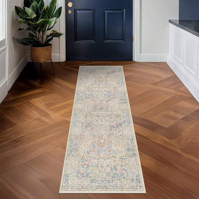 Hazo Haus Non Slip Beige Blue Hallway Runner Rug