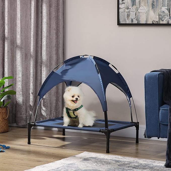PawHut Elevated Dog Bed with Canopy, Portable Raised Dog Cot for M Sized Dogs, Indoor & Outdoor, 30" x 24" x 29", Dark Blue
