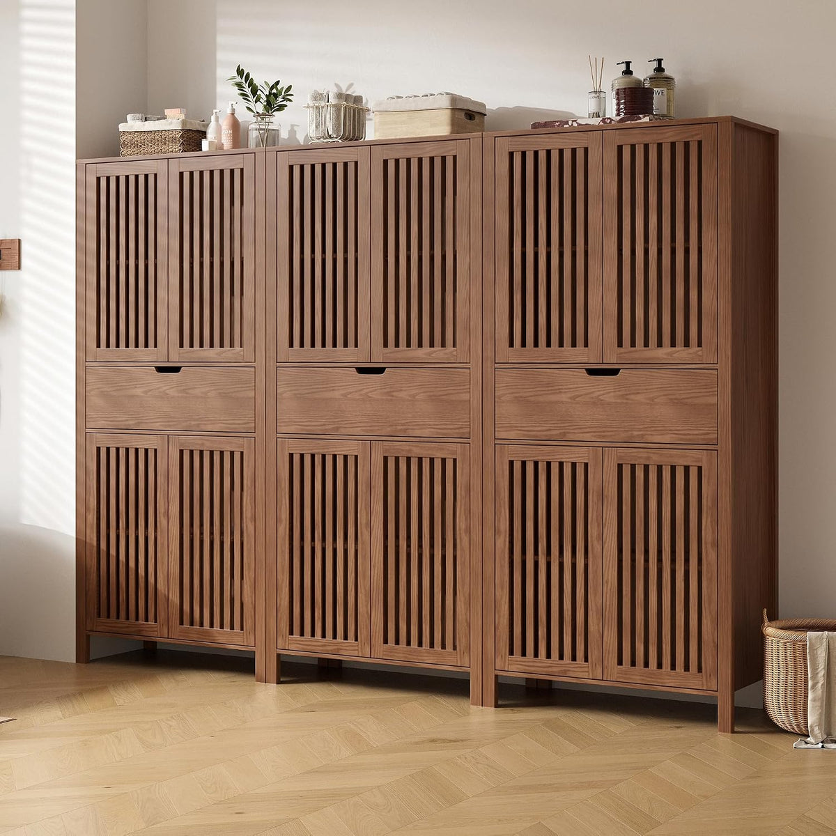 BVIUNTWO Set of 3 Rustic Brown 69" Tall Farmhouse Storage Cabinet with Drawer & Adjustable Shelves, Grille Door Organizer Unit, Anti-Tip Design for Bathroom,Kitchen,Living Room