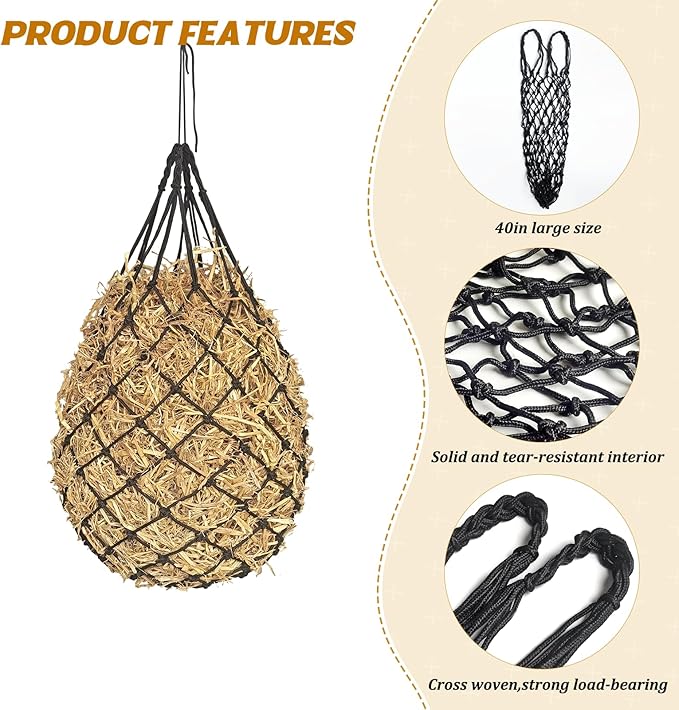 Hay Nets for Horses,2.36"x2.36" Holes 40”Horse Hay Feeder Net for Slower Feeding,Strong Load-Bearing Hay Bag Hanging for Horse Stable Trailer (Black-1PACK)