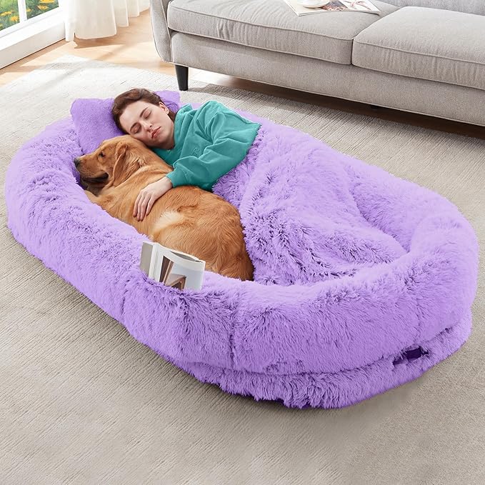 YAEM Human Dog Bed for Adult and Pets - 71"x45"x12" Dogs Beds for Humans with Washable Faux Fur Cover, Plump Pillow, Blanket, Orthopedic Design, Strap-Purple