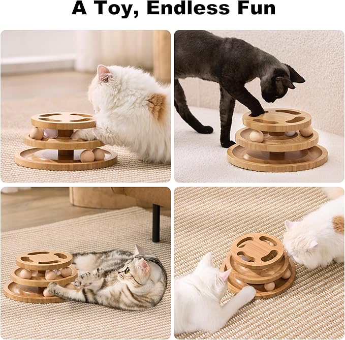 Cat Ball Track Toy with Puzzle Top and DIY Bell, Wooden Cat Toys for Indoor Cats, Interactive Kitty Ball Tower for Kitten Exercise Mental Physical