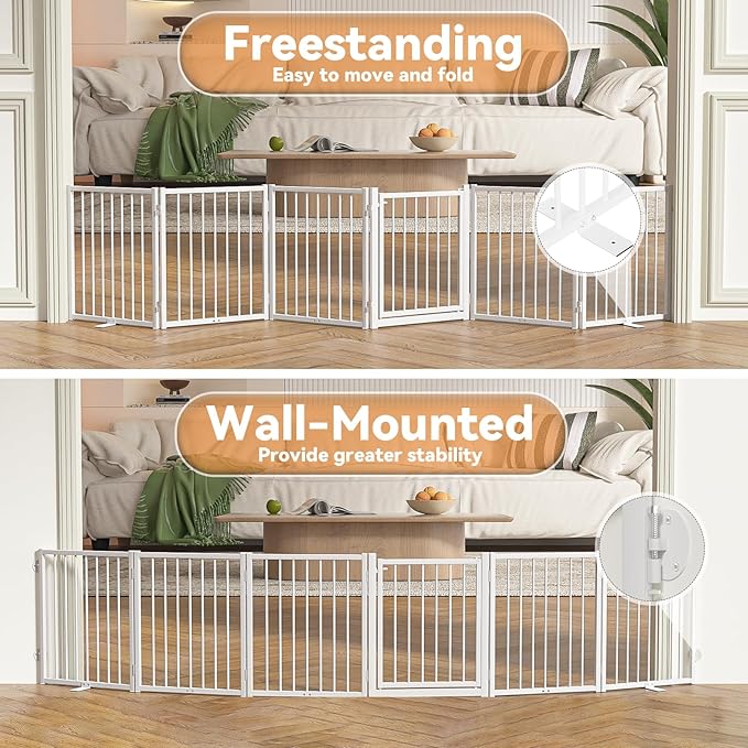 Full Metal Freestanding Dog Gate with Door, 24'' Height Foldable Pet Dog Fence for Indoor & Outdoor, 6 Panels Extra Wide Free Standing SmallDog Gates for Doorways,House,Stairs,Porch,Deck,Yard