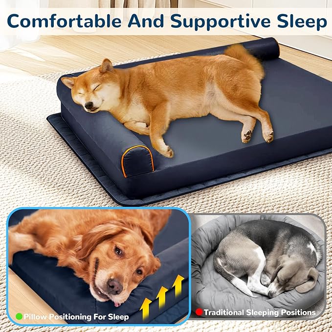 Dog Bed Large Memory Foam Orthopedic Dog Couch with Anti-Slip Mat Washable Chew Proof Pet Bed Waterproof (Blue)