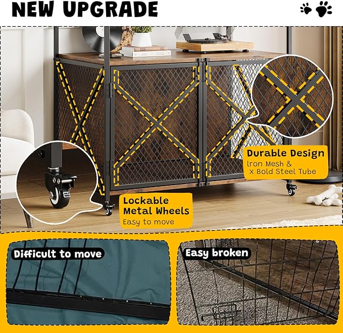 Dog Crate Furniture, 41 Inch Dog Kennel Indoor with Removable Cushion, Heavy Duty Dog Crate for Large Dogs and Medium Dogs, Wooden Dog Cage End Table with Double Doors, Rustic Brown