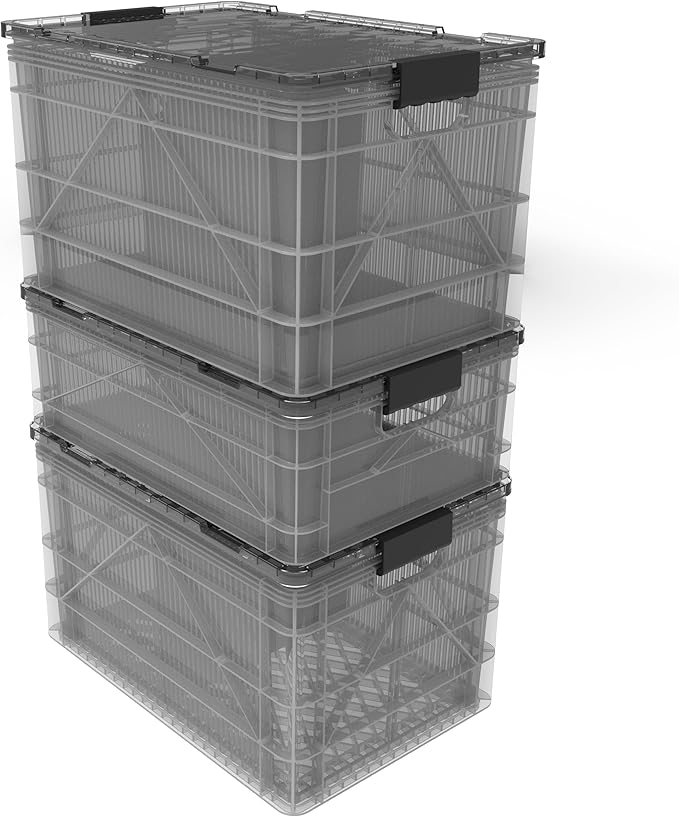 SIDIO CRATE Pro Pack - Two Full Size and One Half Size SidioCrate, Stackable Outdoor Organizer Storage Bins with Clear Lid and Dividers - Clear