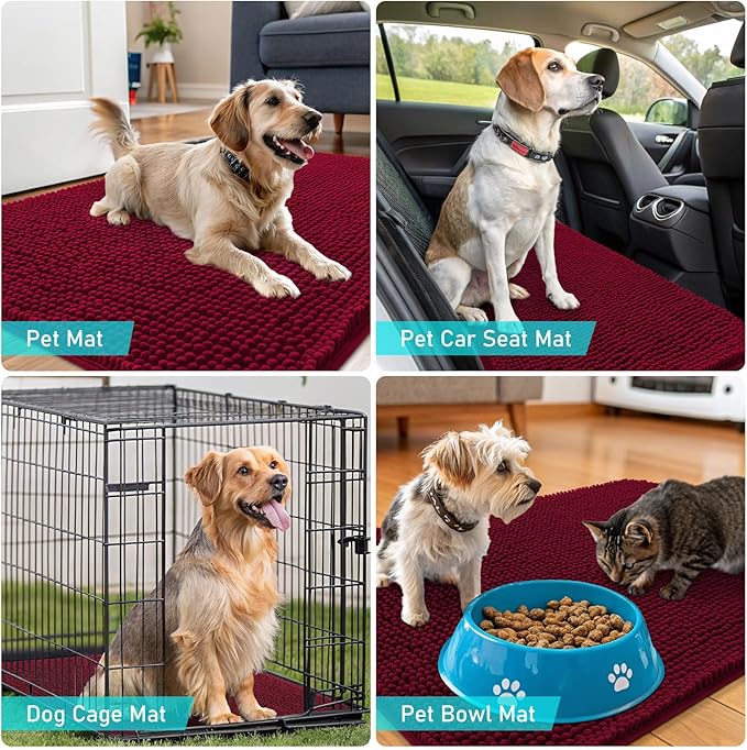OLANLY Dog Door Mat for Muddy Paws 54x24, Absorbs Moisture and Dirt, Absorbent Non-Slip Washable Doormat, Quick Dry Chenille Mud Mat for Dogs, Entry Indoor Entryway Carpet for Inside Floor, Burgundy