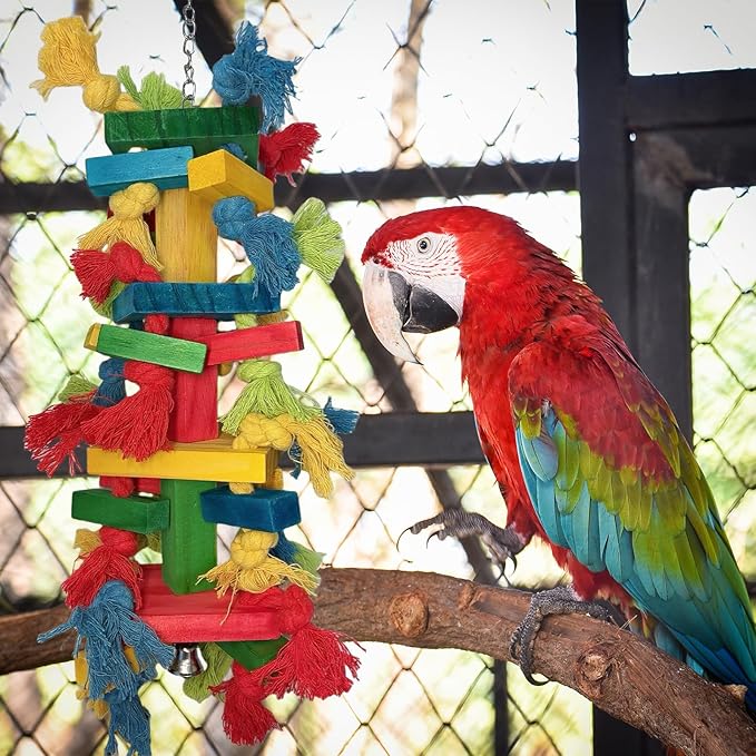 Bird Toys for Parrots – Parrot and Parakeet Chew Toys with Wooden Blocks, Climbing Stand, Hanging Bird Cage Accessories for Large Birds, Macaws, Cockatoos, Parrot Cage Use