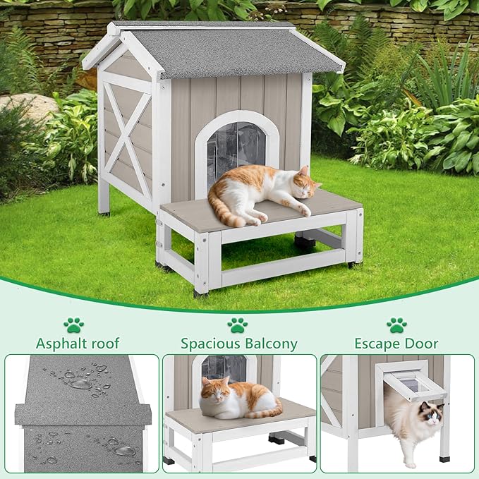 PetsCosset Outdoor Cat House with Insulated Liner for Winter, Insulated Feral Cat Shelter Weatherproof for Outside with Openable Asphalt Roof, Large Balcony, Escape Door