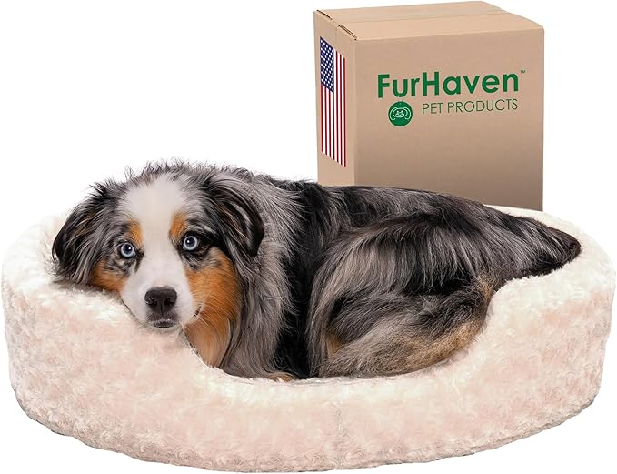 Furhaven Dog Bed for Large/Medium Dogs w/ Removable Washable Cover & Pillow Cushion Insert, For Dogs Up to 30 lbs - Ultra Plush Faux Fur Oval Lounger - Cream, Large