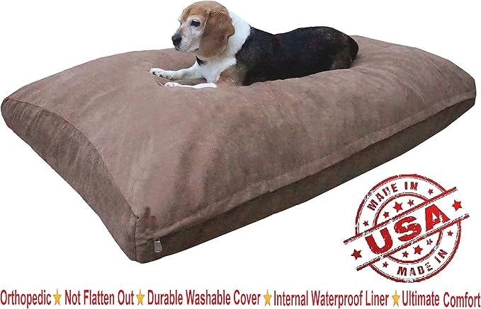 Dogbed4less Medium Memory Foam Dog Bed Pillow with Orthopedic Comfort, Waterproof Liner and Brown Microsuede Pet Bed Cover 37X27 Inches