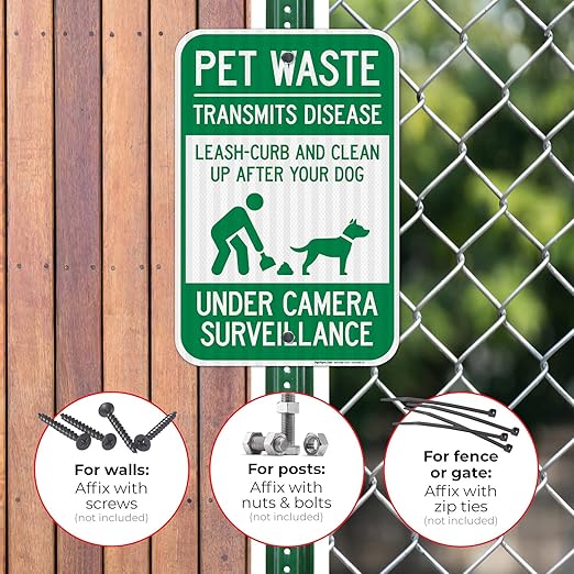 Pet Waste Leash Curb and Clean Up After Your Dog Under Camera Surveillance, 12x18 Inches, 3M EGP Reflective .063 Aluminum, Fade Resistant, Made in USA