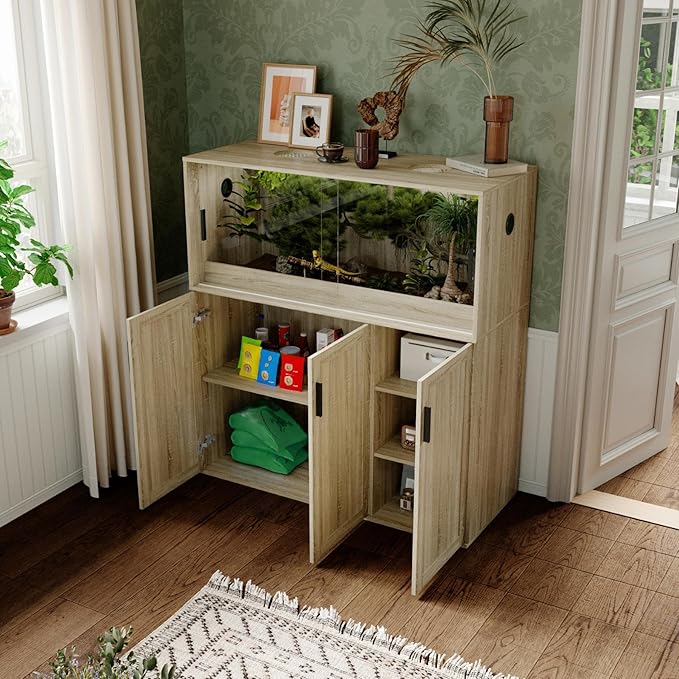 Terrarium Stand, Bearded Dragon Cage, Reptile Tank Stand Enclosure, Terrarium Table with Tempered Glass, Ventilation Holes and 2 Cabinets for Living Room, Light Oak Color