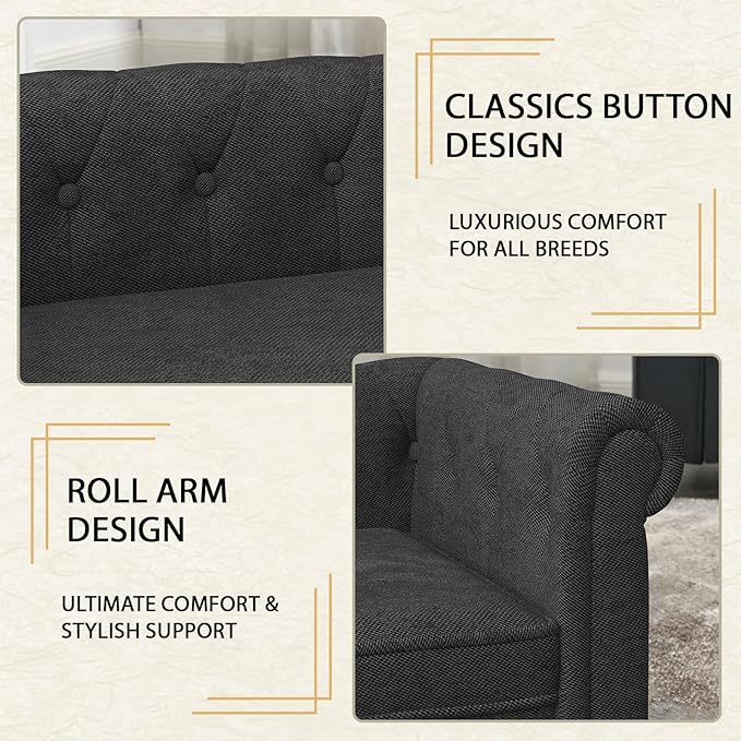 Elevated Rectangle Dog Sofa for Small & Medium Dogs - Comfortable Linen Fabric Dog Bed with Button Tufted Back, Durable Modern and Stylish Pet Bed for Living Room, Bedroom (Black)