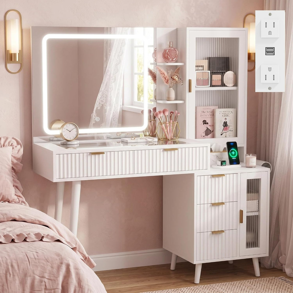 White Vanity Desk with Mirror and Lights, 49" Fluted Makeup Vanity Table with Glass Top, Charging Station, 5 Drawers, 2 Cabinet with Adjustable Shelves, Salon Station, Wood