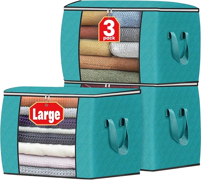 Fab totes 24 Gallons Clothes Storage, Foldable Thick Fabric Blanket Storage Bags, Containers for Organizing Bedroom, Closet, Clothing, Comforter, Organization with Handle (3 Pack,Green)