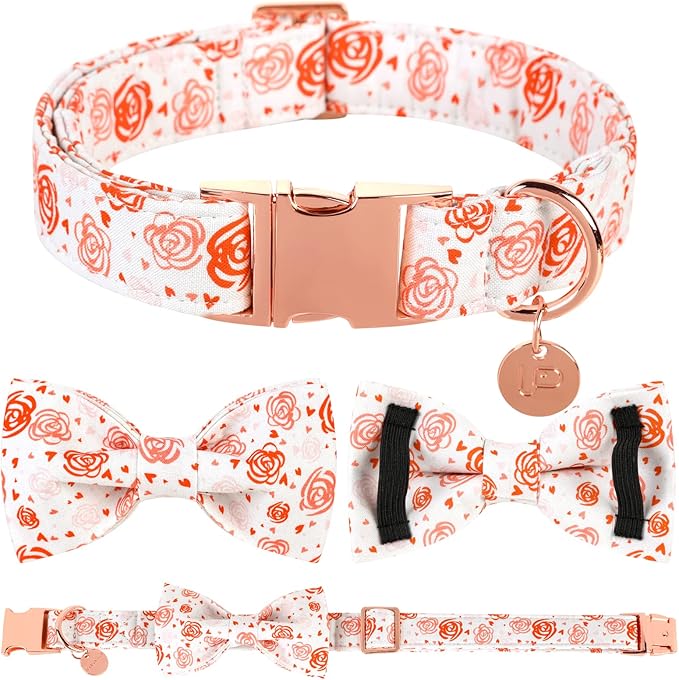 UP URAR PUP Valentine's Dog Collar With Bowtie for Puppy Girl Boy Dog or Cat, Gift Collar With Metal Buckle, Wedding Dog Collar, White, XS