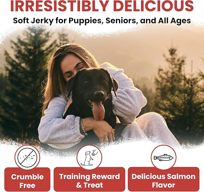Chew + Heal Labs Dog Salmon Jerky Treats with Cognitive Support - 5 oz of Wild Caught Salmon Jerky Dog Treat - Made with Gingko Biloba, Blueberries, Cranberries, Pumpkin, and More - Made in The USA