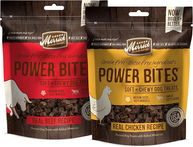 Merrick Power Bites Grain Free Dog Treats, 2 Flavors (Chicken & Real Texas Beef) Bundle Pack