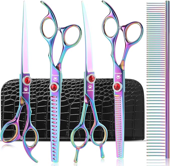 GLADOG Pro Rainbow 7 Inch Professional Pet Grooming Scissors Kit, 6-in-1 Dog Scissors, Titanium Coated, Stainless Steel, Right Handed, 5 Count