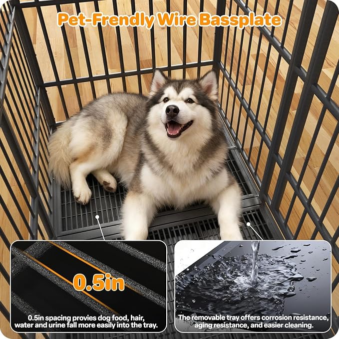 54 Inch Heavy Duty Dog Crate, Indestructible Escape-Proof Dog Kennel for High Anxiety Large Dogs, Strong Metal Pet Cage with Double Doors, Lockable Wheels & Removable Tray, XL XXL XXXL