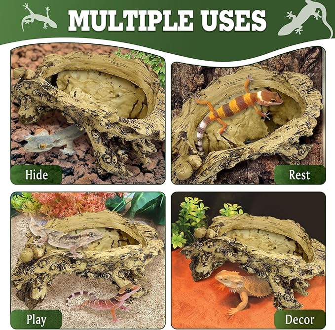 Hamiledyi Gecko Tank Accessories Reptile Hide Cave Resin Bark Reptile Hideouts Simulation Tree Trunk Hideout Terrarium Decor for Hermit Crabs Leopard Gecko Lizard Bearded Dragon (11.81" L x 4.72" H)