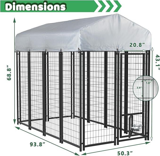 LEMBERI 8x4x6 FT Outdoor Dog Kennel for Large Dogs, Heavy Duty Welded Wire Steel Dog Playpen Fence with Secure Lock, Pet Pen with UV-Resistant Waterproof Roof Cover for Outside