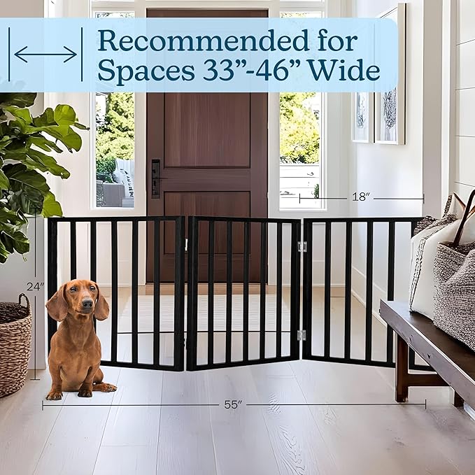 Pet Gate - 3-Panel Indoor Foldable Dog Fence for Stairs, Hallways, or Doorways - 54x24-Inch Wood Freestanding Dog Gates by PETMAKER (Black)