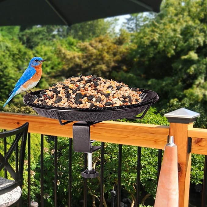 Deck Mounted Bird Feeder Bowl with 1.8 inch Thick Iron Clamp - Detachable Outdoor Decor for Garden Backyard Patio and Deck - Perfect for Attracting Birds