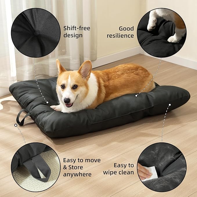 Chew Resistant Dog Bed for Medium Dogs - Durable 35"x22" Kennel Pad with Soft Plush Filling, Machine Washable Crate Mat for Aggressive Chewers, Indoor Outdoor Pet Bed, Black