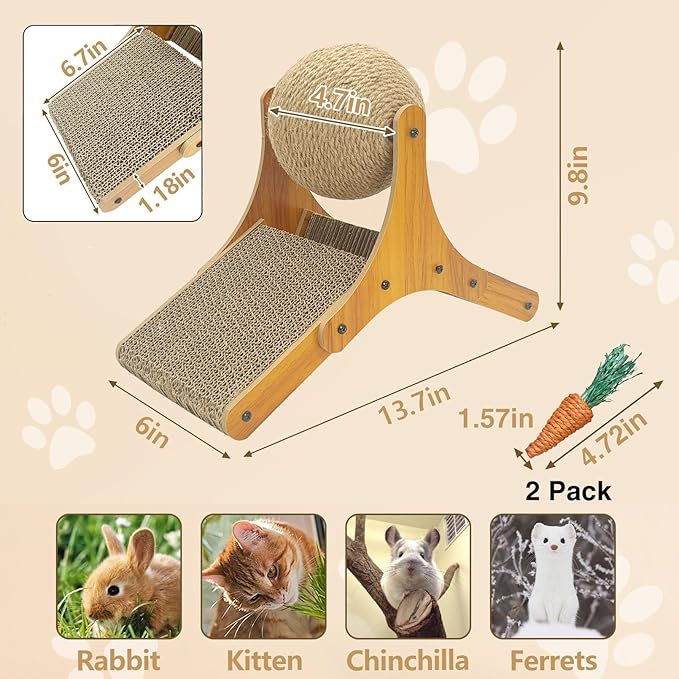 Rabbit Scratch Toy,Natural Sisal Rope Claws Scratcher Cardboard Pad Bunny Scratching Ball for Indoor Bunnies Kittens Chinchillas Small Animals Interactive Carrot and Solid Wood Scratcher Toys