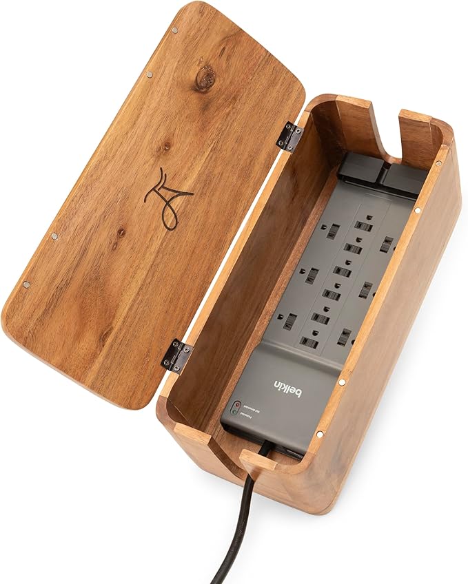 Extra Large Cable Management Box - Acacia Wood - Cable Organizer Box and Power Strip Box for Electrical Cord Management - Hide Desk Cord and Floor Cables - Wire Storage and Organization for Cords