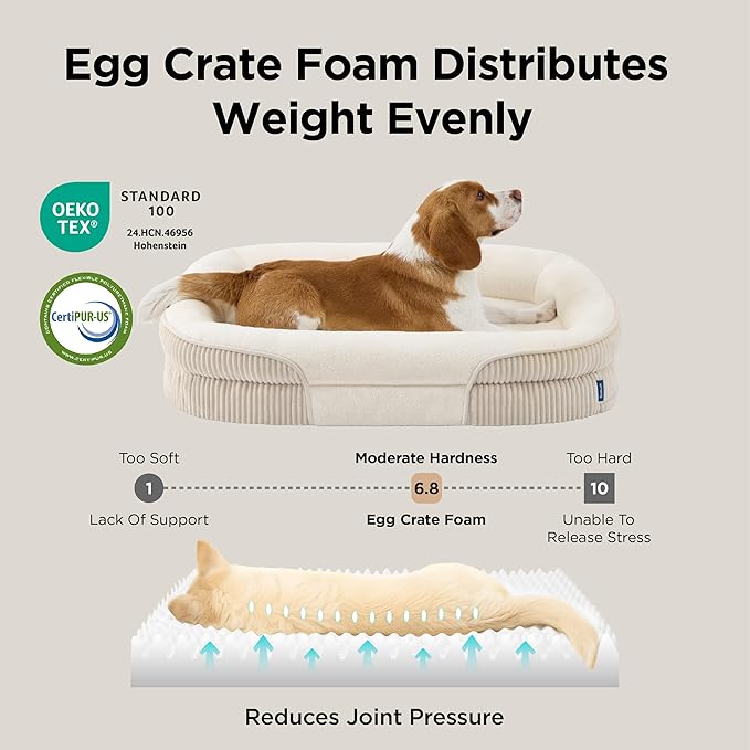Bedsure Orthopedic Dog Bed Medium Size Dog - 360° Oval Bolster Medium Dogs Beds for Senior Dogs with Waterproof Washable Cover, Comfort Pet Sofa Couch with Ultra-Soft Fleece, Beige, 30"