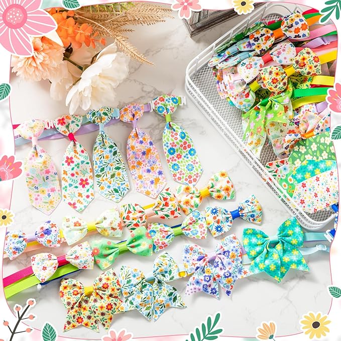 Reginary 100 Pieces Dog Bow Tie Collar Set Include 40 Dog Neckties, and 30 Puppy Bowties, 30 Collar Flowers, Adjustable Pet Ties Grooming for Small Medium Cats Pets Supply(Floral)
